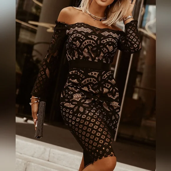 Black Off-Shoulder Long Sleeve Lace Dress - Picture 1 of 7